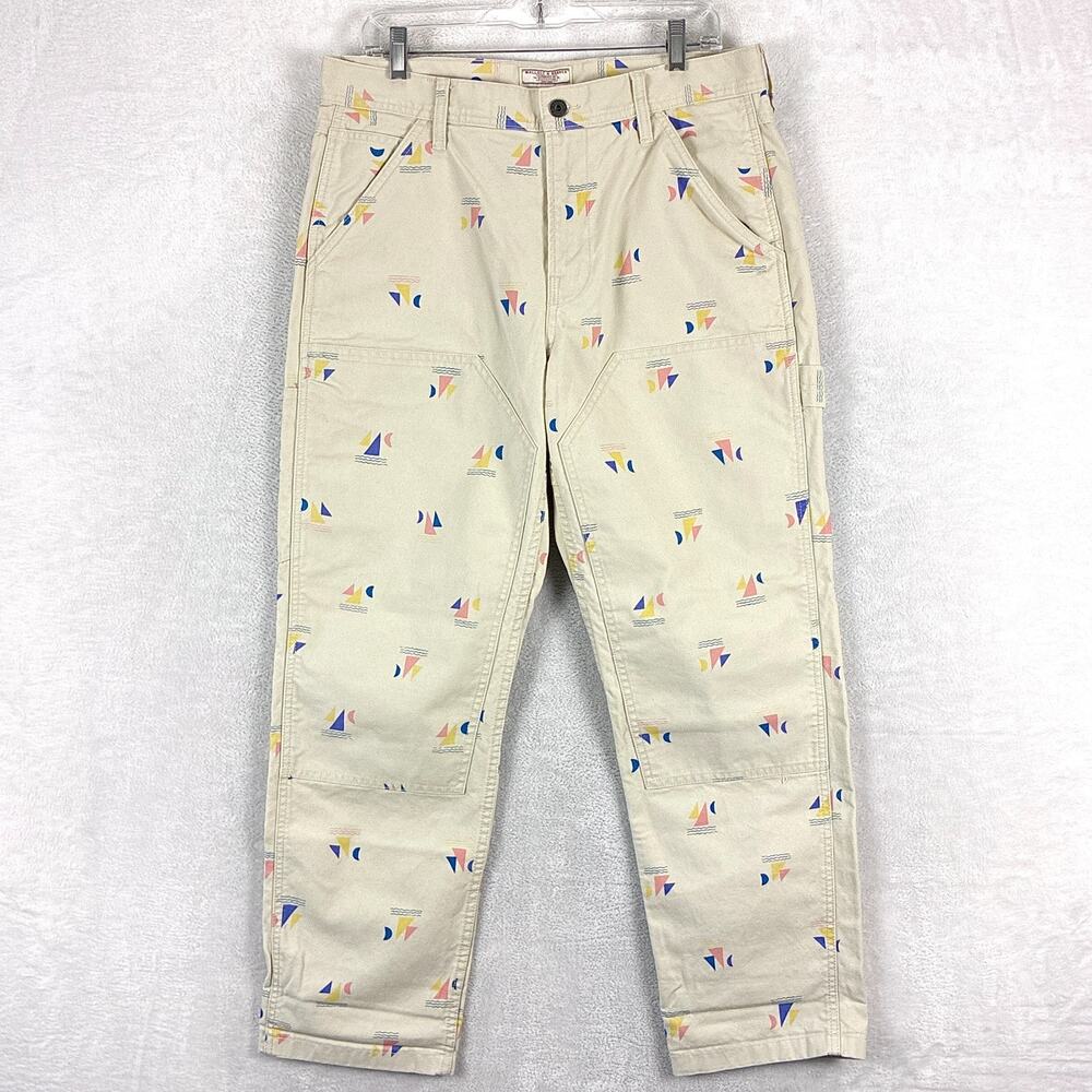 Wallace & Barnes Pants Mens 33x32 (34x30) Ivory Sailboat AOP Double Knee Preppy